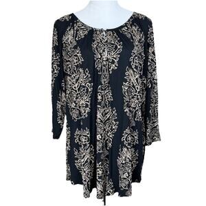 Lucky Brand Tunic Top Womens 2X Black Floral Boho Viscose Flowy Popover Blouse